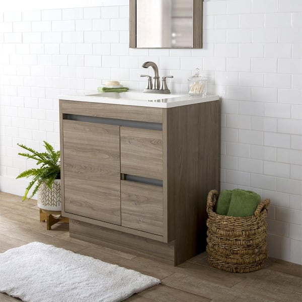 Home Decorators Collection Raine 30 in. W x 19 in. D x 33 in. H Single Sink Freestanding Bath Vanity in Forest Elm with White Cultured Marble Top
