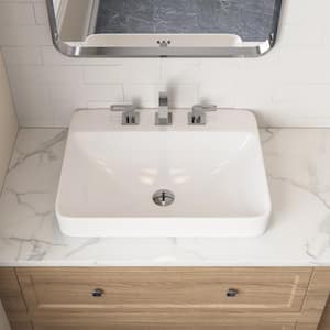 Rectanglar Drop-In Bathroom Sink Ceramic Semi Recessed Vessel Sink with Overflow in White