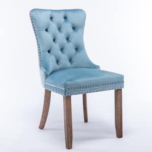 Light Blue Velvet Upholstered Dining Chair with Wood Legs Nailhead Trim (Set of 2)