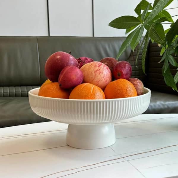 11 in. 68 oz. Ceramic Fruit Bowl for Bread, Candy, Snacks Organizer, Pedestal Bowl for Kitchen Counter Decor, White