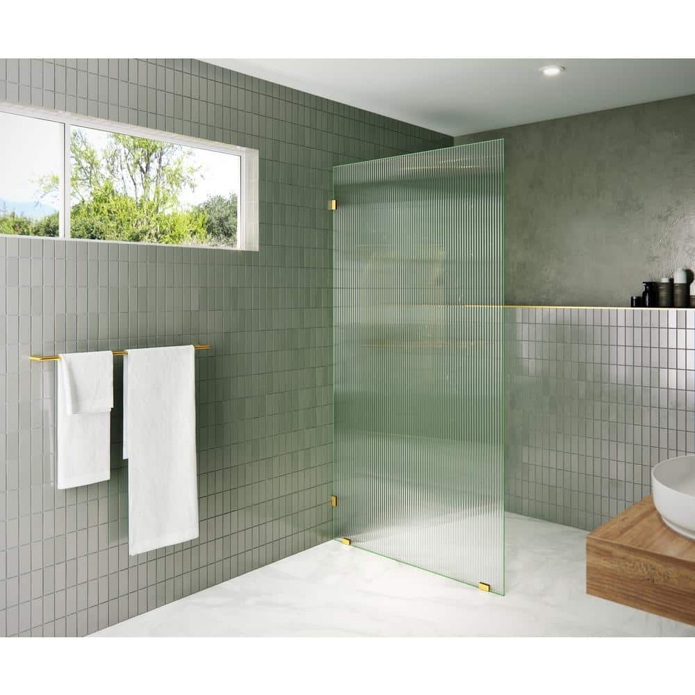 78 in. Frameless Fluted Glass Shower Panel with Satin Brass Hardware