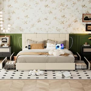 Upholstered Bed Beige Metal Frame King Platform Bed with USB Charging, Drawers and No Boxspring Needed, Easy Assembly