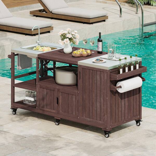 75.4 in. Outdoor Brown Grill Cart with Sink, Stainless Steel Top
