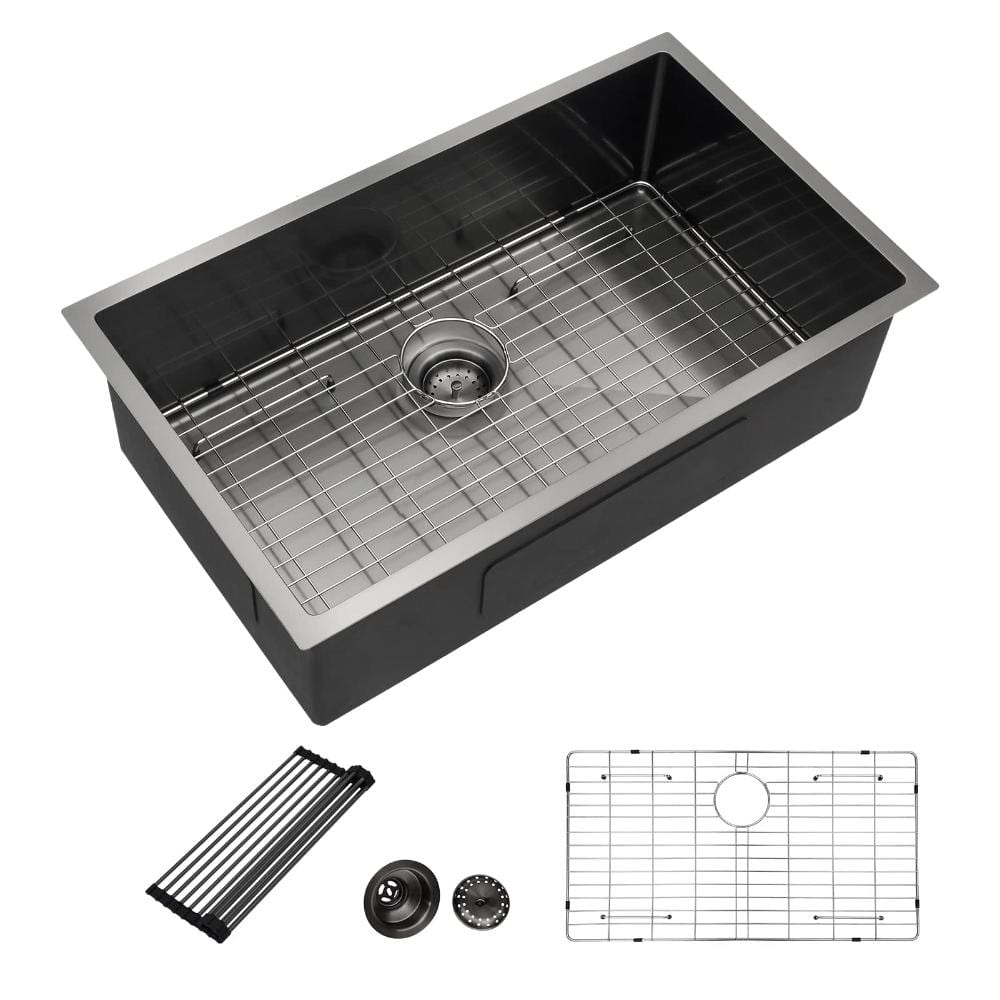 "32""x19"" Gunmetal Black Undermount Kitchen Sink 16 Gauge Stainless Steel Single Bowl Under Counter Basin With Accessories" price history on PriceWatchPro