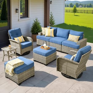 Scorpio 8-Piece Wicker Patio Conversation Seating Sofa Set with Blue Cushions and Swivel Rocking Chairs