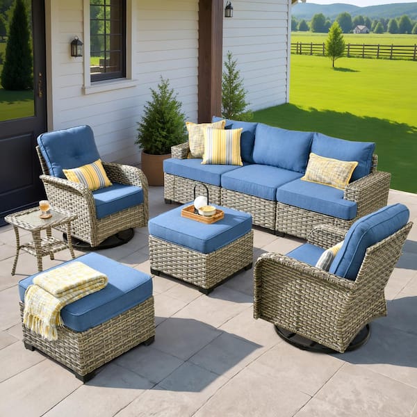 XIZZI Scorpio 8-Piece Wicker Patio Conversation Seating Sofa Set with Blue Cushions and Swivel Rocking Chairs