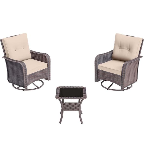 3-Piece Wicker Swivel Outdoor Rocking Chairs with Coffee Table and Cushion Sand