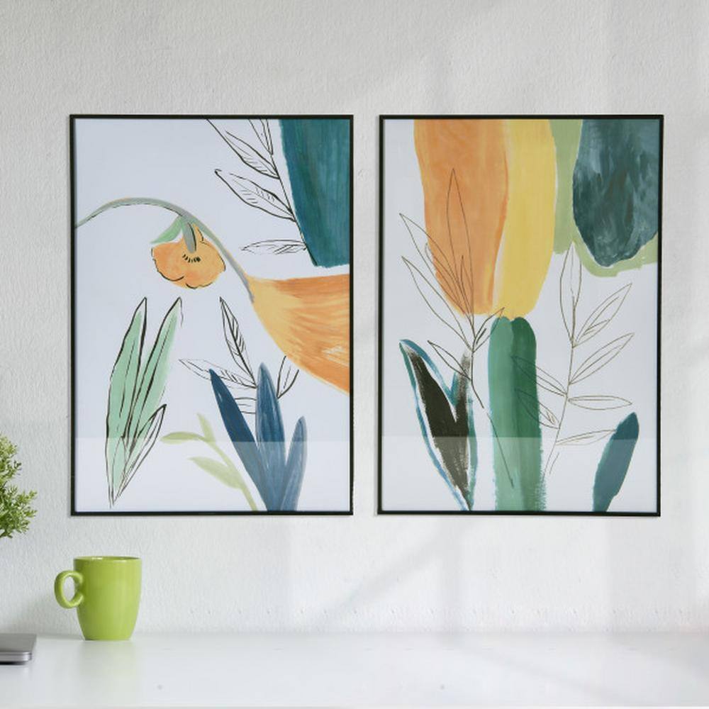 Abstract Floral Watercolor Print in Black Metal Frame, Set of 2