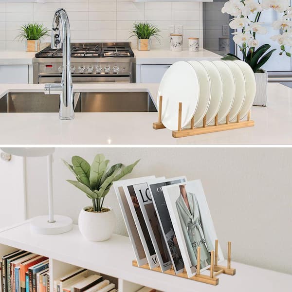 Lynzavix Natural Bamboo Vertical Dish Rack, Plate and Lid
