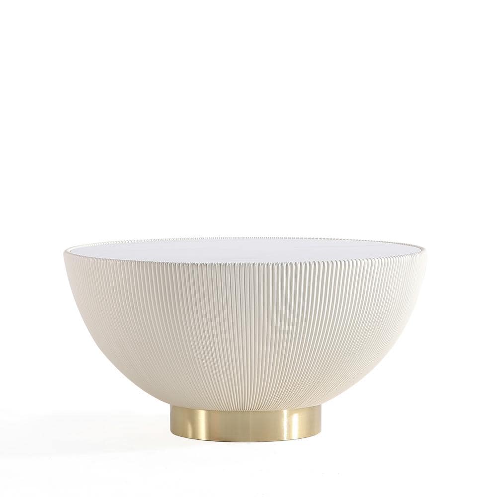 Cream Round Coffee Table with Faux Marble Top and Gold Base