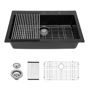 33 in. Drop-in Single Bowl Matte Black Granite Composite Kitchen Sink with Bottom Grids and Strainer