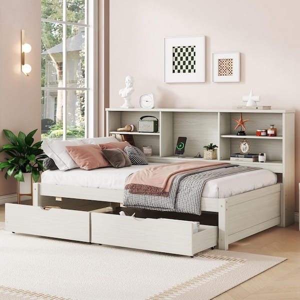Harmony Creamy White Twin Size Daybed with Side Bookshelves, Built-in USB Port, 2 Drawers