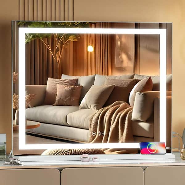 32 in. W x 23 in. H Rectangle Framless Mirror with Crystal Light Strip Smart Touch Control 3 Colors Dimmable Light Strip