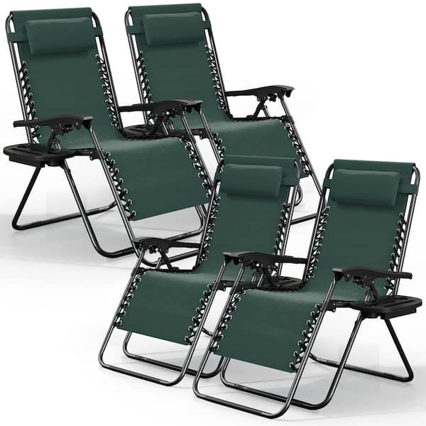 4-Piece Forest Green Zero Gravity Chairs, Metal Outdoor Lawn Chair with Pillow and Cup Holder Tray