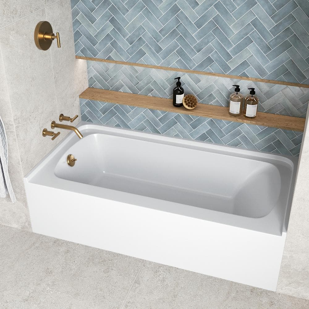 Glossy White Acrylic Alcove Bathtub with Brushed Gold Trim