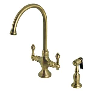 Vintage Deck Mount Double Handle Single-Hole Standard Kitchen Faucet with Sprayer in Antique Brass
