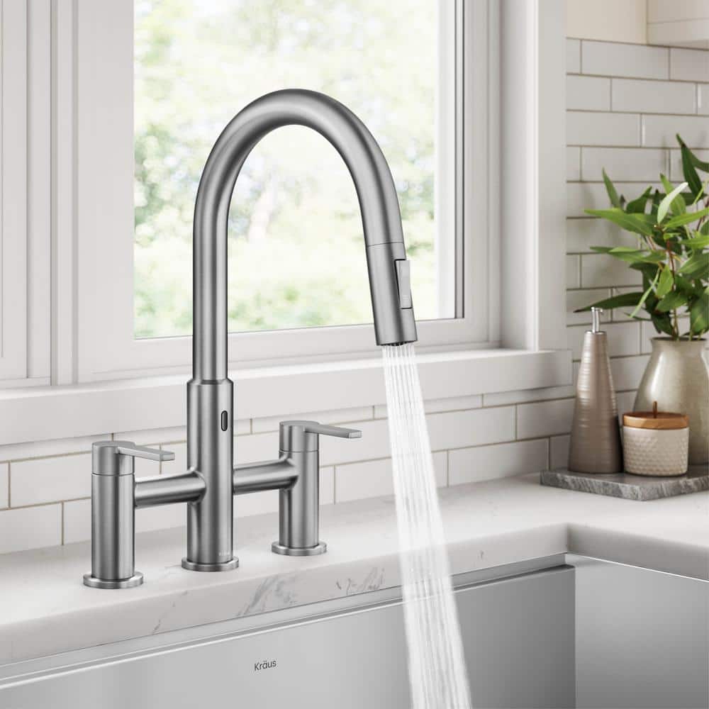 Stainless Steel Touchless Sensor Bridge Kitchen Faucet with Pull-Down Sprayhead