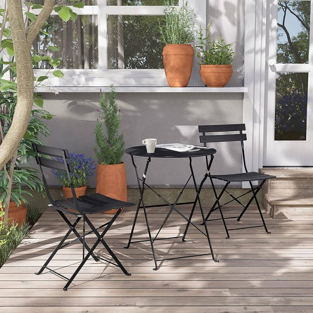 3 Piece Metal Steel Outdoor Patio Bistro Set Folding Patio Furniture Sets in Black QY68 3SET BLACK The Home Depot