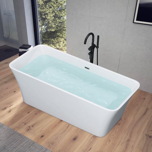FORCLOVER 59 in. Acrylic Flatbottom Alcove Freestanding Soaking Bathtub in White