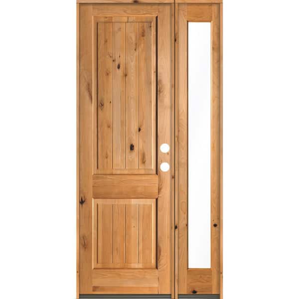 Krosswood Doors 44 in. x 96 in. Rustic Knotty Alder Square Top Left-Hand/Inswing Clear Glass Clear Stain Wood Prehung Front Door w/RFSL