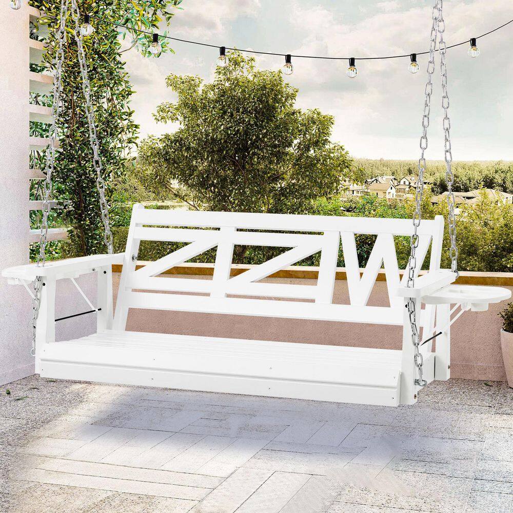 2-Person White Wood Porch Swing with Hanging Chains Upgraded Cupholders
