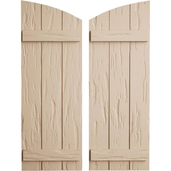 Ekena Millwork 16.5in x 36 in Polyurethane Pecky Cypress Three Board Joined Board-n-Batten Elliptical Top Faux Wood Shutters Primed Tan