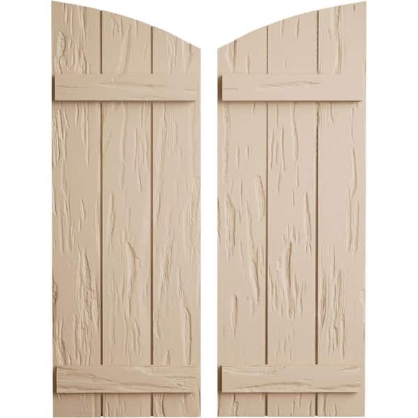 Ekena Millwork 16.5 in. x 48 in. Polyurethane Pecky Cypress 3 Board Joined Board-n-Batten Elliptical Top Faux Wood Shutters Primed Tan