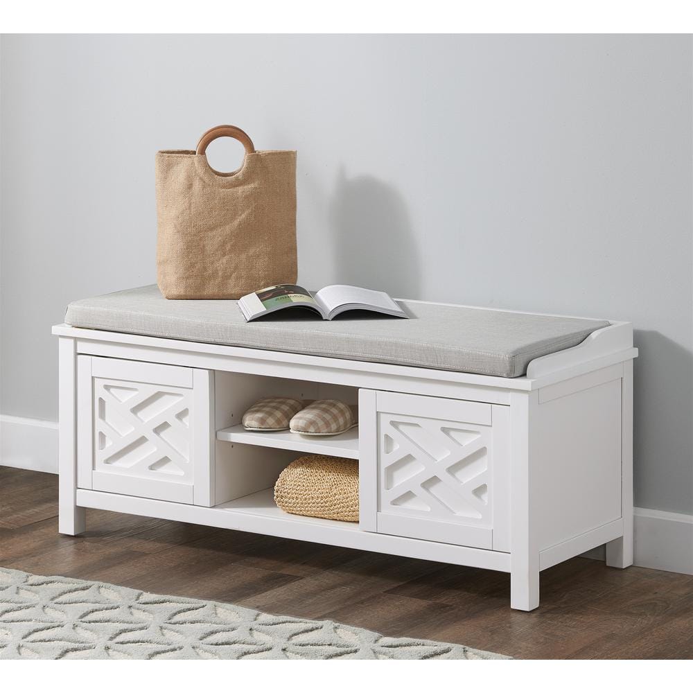 45 in. W Coventry White Wood Bench with Storage and Cushion