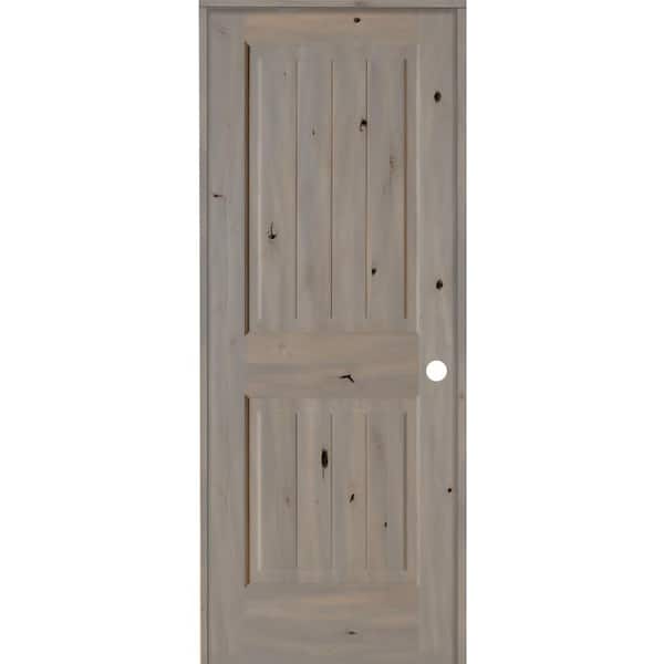 Krosswood Doors 30 in. x 80 in. Knotty Alder 2 Panel Left-Hand Square Top V-Groove Grey Stain Solid Wood Single Prehung Interior Door