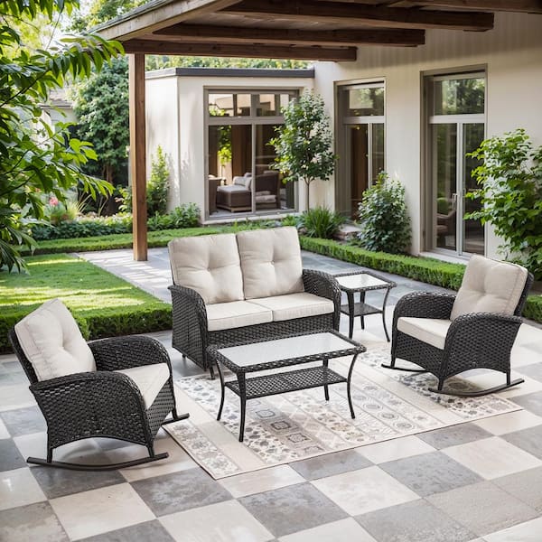 Black 5-Piece Wicker Patio Conversation Set with Rocking Chairs, Outdoor Glider Seating Set with Beige Cushions