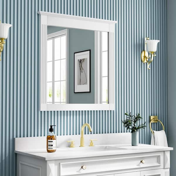 32 in. W x 33 in. H Rectangular Solid Wood Framed Wall Mounted Moisture-proof Bathroom Vanity Mirror in White,Easy Hang