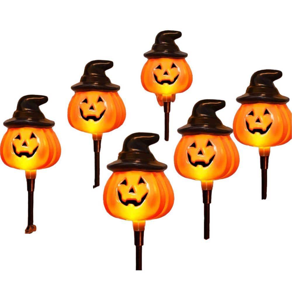 Augbeer Orange Solar Powered Pumpkin Lantern Stake Lights with Halloween Design for Outdoor Yard and Pathway Decor (6-Pack)
