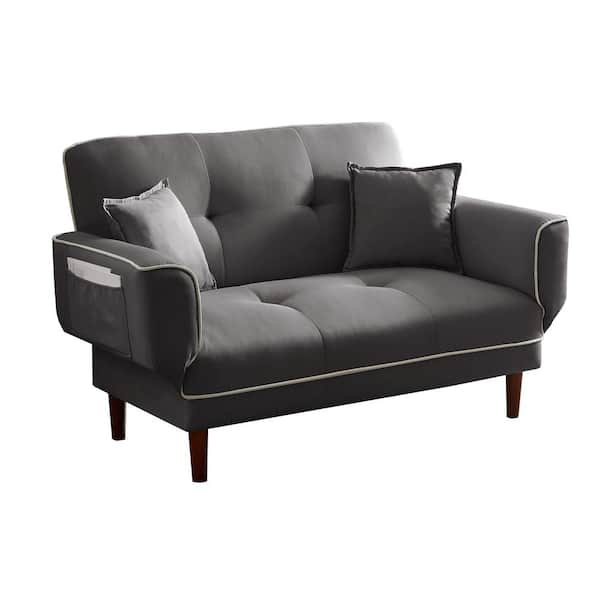JASMODER 56.5 in. W Square Arm Polyester Relaxing Lounge Sleeper Bed with 2-Toss Pillows Straight Sofa in Gray