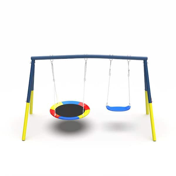 Swing Set for Backyard with Heavy-Duty A-Frame Metal Outdoor Swing Stand, 1 Saucer Swing Seat and 1 Belt Swings Seat