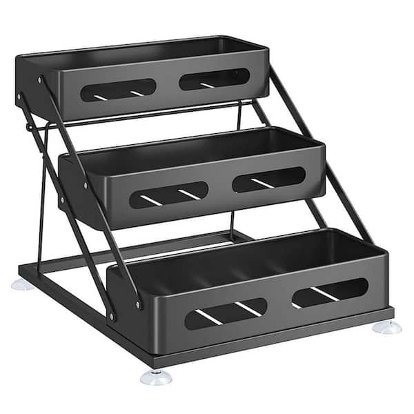 3 Tier Black Countertop Foldable Shelf Kitchen Cabinet Organizer Iron Spice Rack Adjustable Height Storage