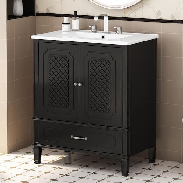 DELUXE DL LIVING Karin 30 in. Single Sink Multi-Functional Vintage Freestanding Black Bath Vanity with White Ceramic Top Unassembled