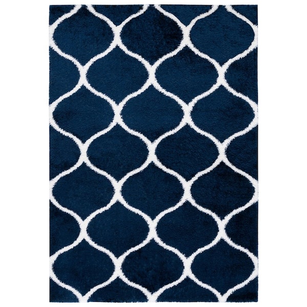 Tahoe Shag 4 ft. x 6 ft. Navy/White Trellis Modern Area Rug