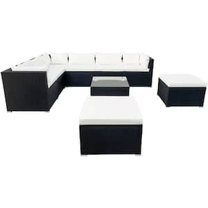 9-Piece Wicker Outdoor Sectional Set with White Cushion