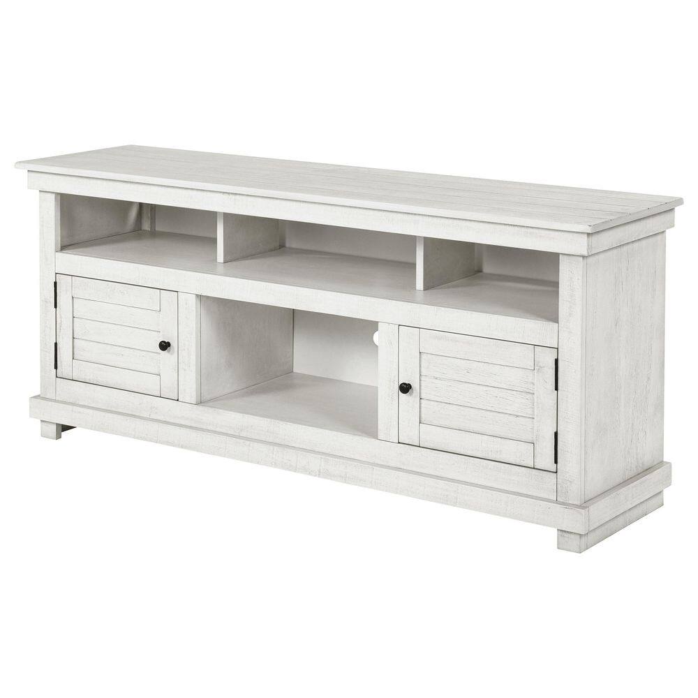 Three-quarter front view of the Payne Distressed White TV Stand.