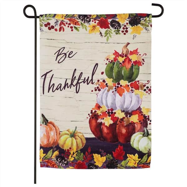 Evergreen 12.5 in. x 18 in. Be Thankful Pumpkin Stack Garden Suede Flag