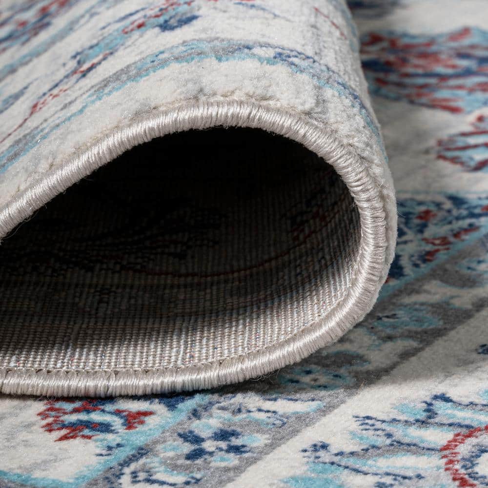 Ivory and Blue Floral Synthetic 5' Square Rug