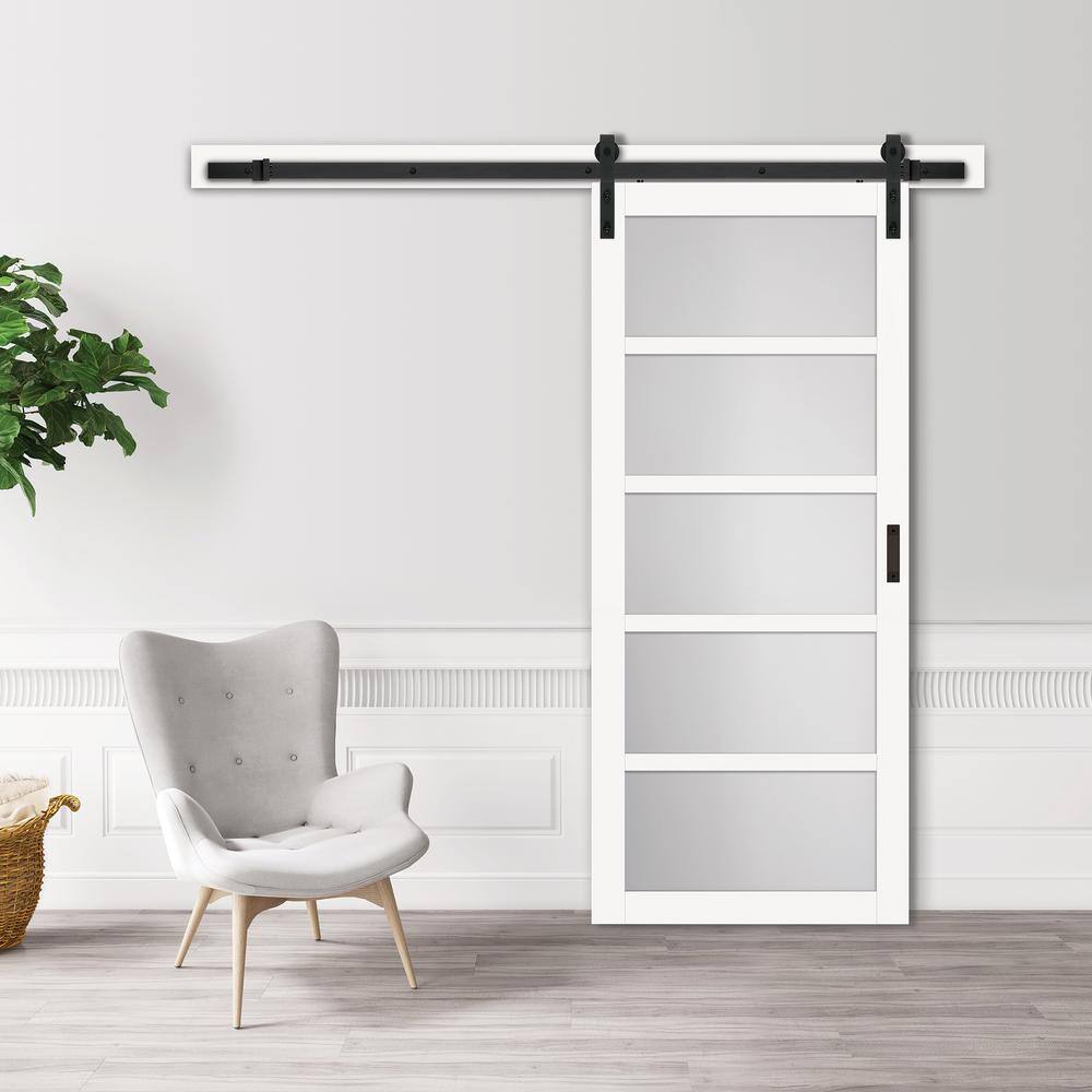 White 36" 5-Lite Frosted Glass and Wood Barn Door
