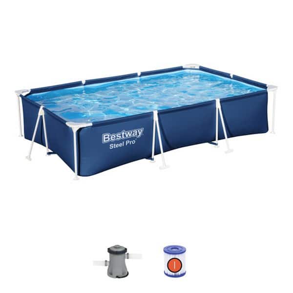 Bestway 9.8 ft. x 6.6 ft. Rectangular 26 in. Metal Frame Above Ground Swimming Pool Set
