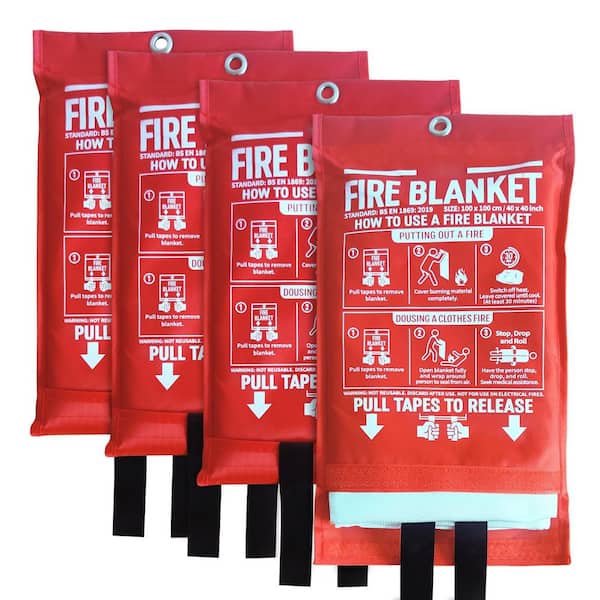 Fiberglass Emergency Fire Blanket with Red Storage Pouch Large 40x40 in. Home Kitchen Safety 4 Pack