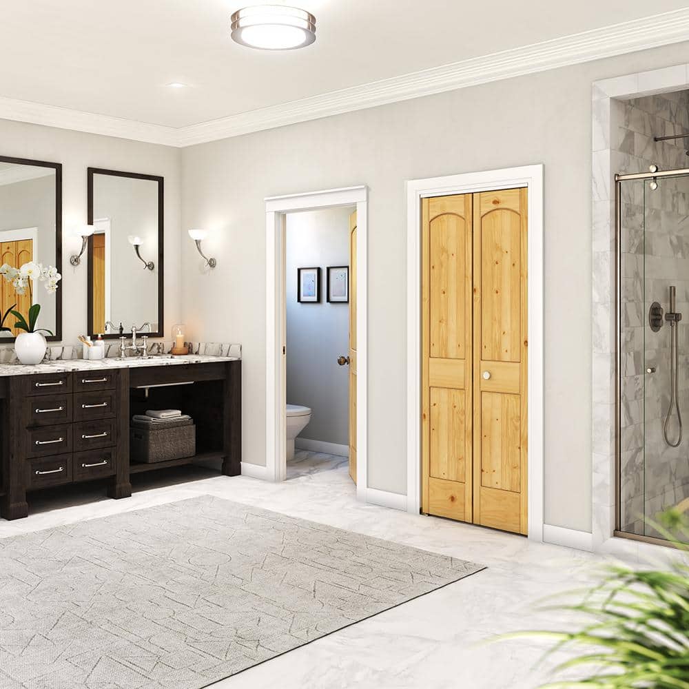 Natural Unfinished Pine Wood 2-Panel Arch Top Bifold Door with Brass Hardware