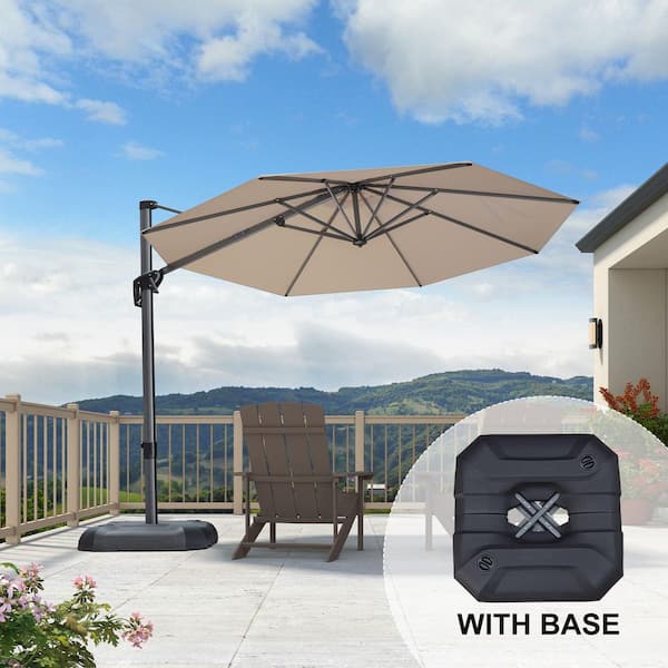 10 ft. Octagon Aluminum Outdoor Cantilever Patio Umbrella Offset 360° Rotation Umbrella with Base, in Beige