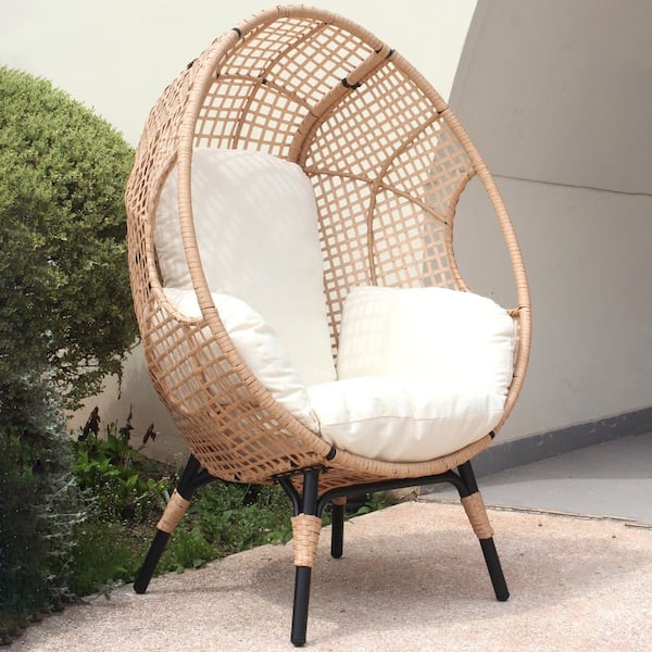 Natural PE Wicker Grid Weaving Outdoor Egg Lounge Chair with Beige Cushion