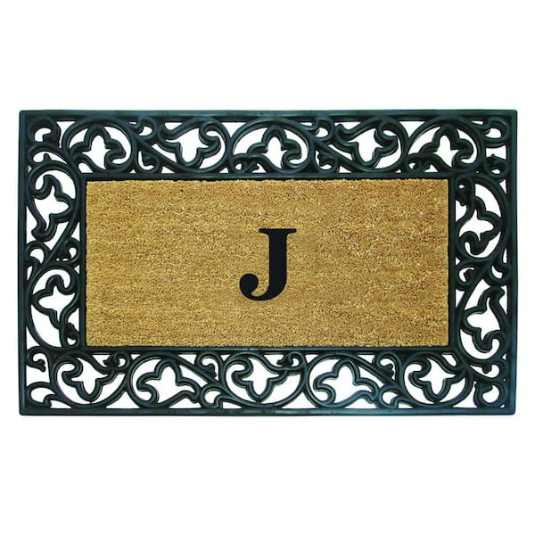 Nedia Home Acanthus Border 30 in. x 48 in. Rubber Coir Monogrammed J Door Mat