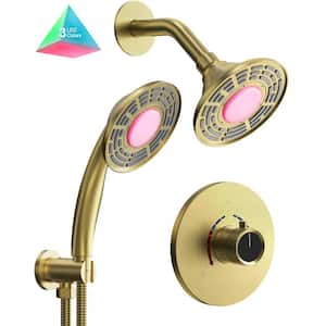 Smart LED Grain 2-Spray Wall Mount 5 in. Fixed and Handheld Shower Head 2.5 GPM in Brushed Gold Valve Included