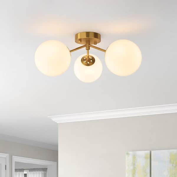 Raleigh 17 in. 3-Light Brass Glass Minimalist Semi Flush Mount Lighting Hallway Bedroom Ceiling Lights Fixtures